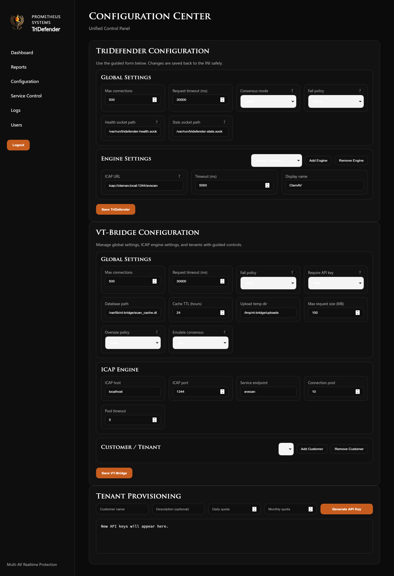 TriDefender Service Control: runtime status for TriDefender and VT-Bridge daemons with start/stop controls