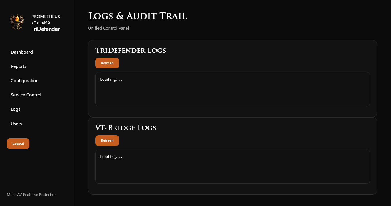 TriDefender Logs and Audit Trail — unified log view across TriDefender and VT-Bridge